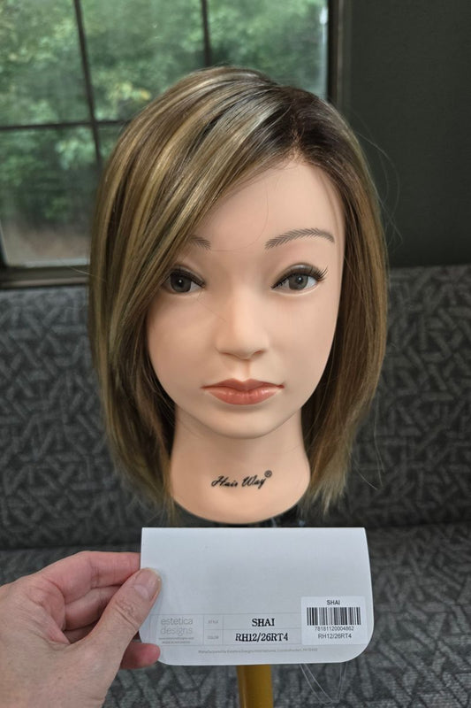 Shai Wig in the Color RH12/26RT4 -  Light Golden Brown with Medium Butterscotch Blonde highlights and Dark Brown roots