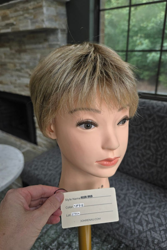Iris Wig by Jon Renau in the Color 12FS12 Malibu Blonde - Sunkissed Gold Blonde base, highlighted with Pale Light Natural Blondes, Shaded w/ Light Brown Root