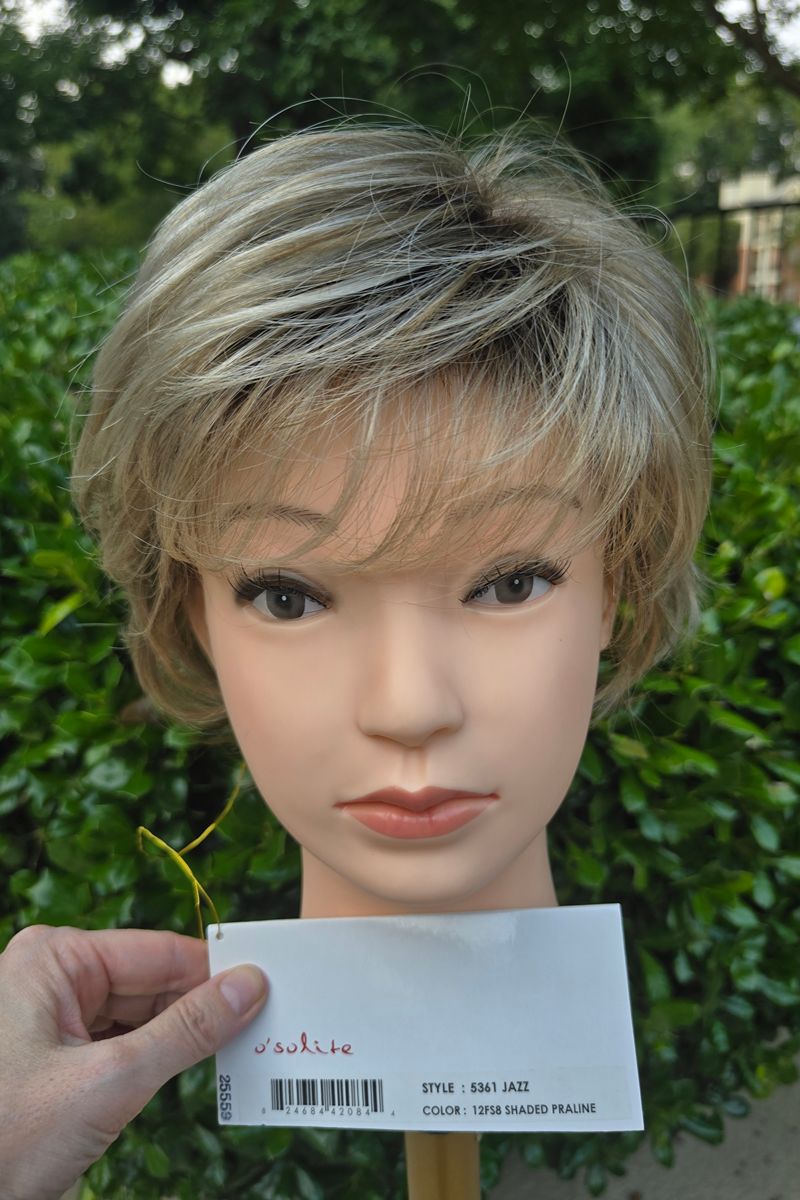 Jazz Wig by Jon Renau in 12FS8 (Shaded Praline) | Light Golden Brown, Light Natural Golden Blond, and Pale Natural Gold Blond blend w/ Medium Brown roots