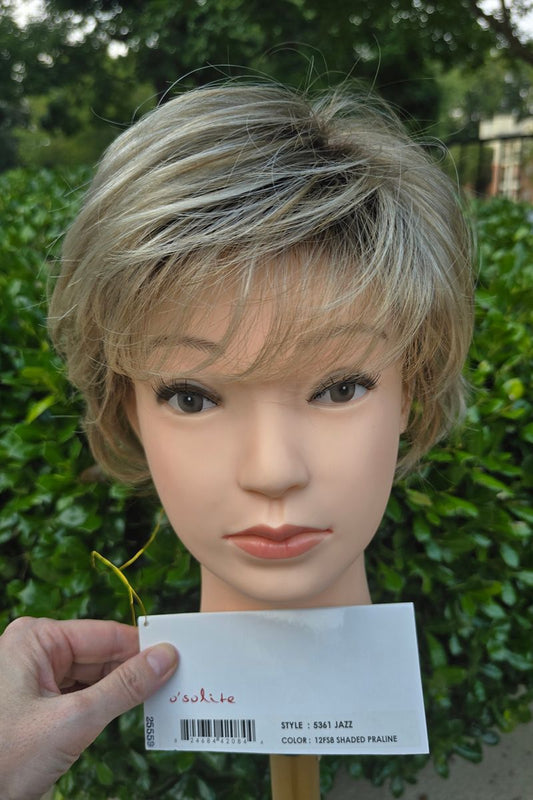 Jazz Wig by Jon Renau in 12FS8 (Shaded Praline) | Light Golden Brown, Light Natural Golden Blond, and Pale Natural Gold Blond blend w/ Medium Brown roots