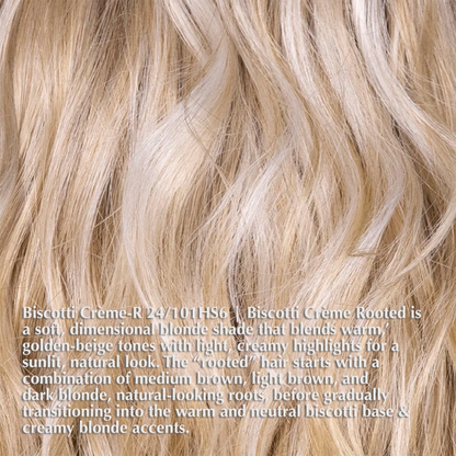 Biscotti Creme R | Biscotti Creme Rooted is a soft, dimensional blonde shade that blends warm, golden-beige tones with light, creamy highlights for a sunlit, natural look. The rooted hair starts with a combination of medium brown, light brown, and dark blonde, natural-looking roots, before gradually transitioning into the warm and neutral biscotti base and creamy blonde accents. The overall effect is sophisticated, low-maintenance, and gives the illusion of natural hair growth.