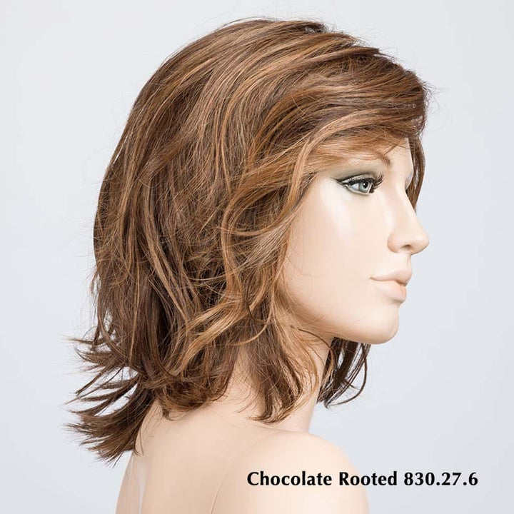 Delight by Ellen Wille | Heat Friendly Synthetic Lace Front Wig (Mono Part) Ellen Wille Heat Friendly Synthetic Chocolate Rooted 830.27.6 | Medium and Dark Brown w/ Light Auburn and Dark Strawberry Blonde Blend with Shaded Roots / Front: 11" | Crown: 8.5" | Sides: 9.5" | Nape: 6" / Petite / Average