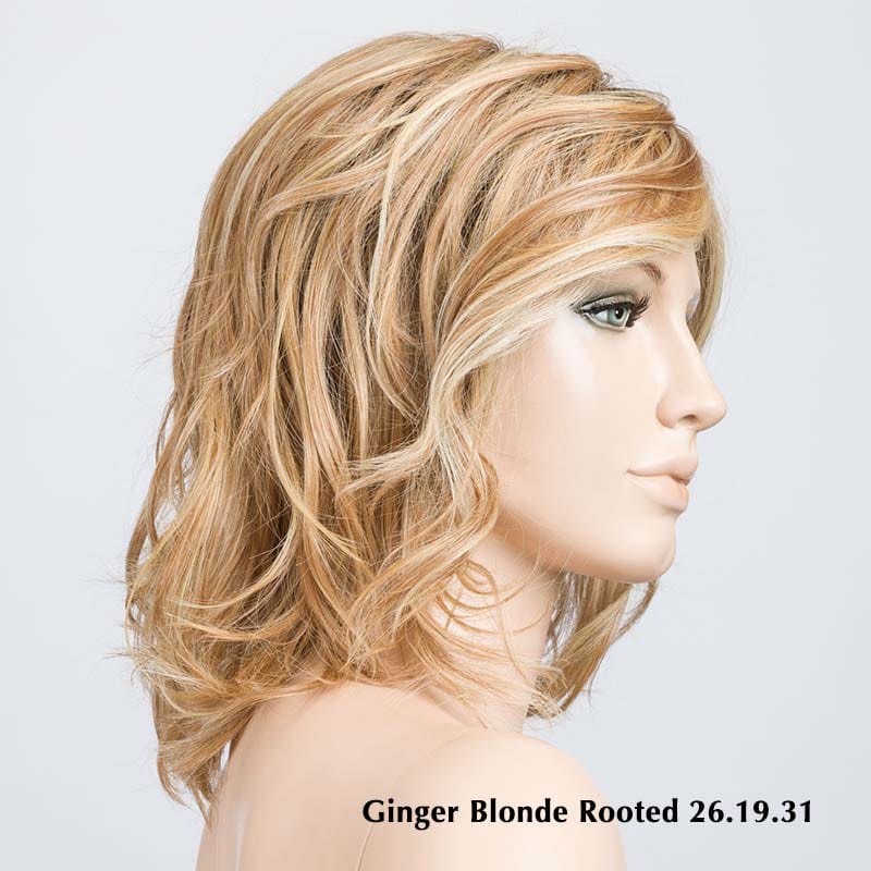 Delight by Ellen Wille | Heat Friendly Synthetic Lace Front Wig (Mono Part) Ellen Wille Heat Friendly Synthetic Ginger Blonde Rooted 26.19.31 | Light Honey Blonde & Light Golden Blonde blend w/ Light Reddish Auburn Highlights & Shaded Roots / Front: 11" | Crown: 8.5" | Sides: 9.5" | Nape: 6" / Petite / Average