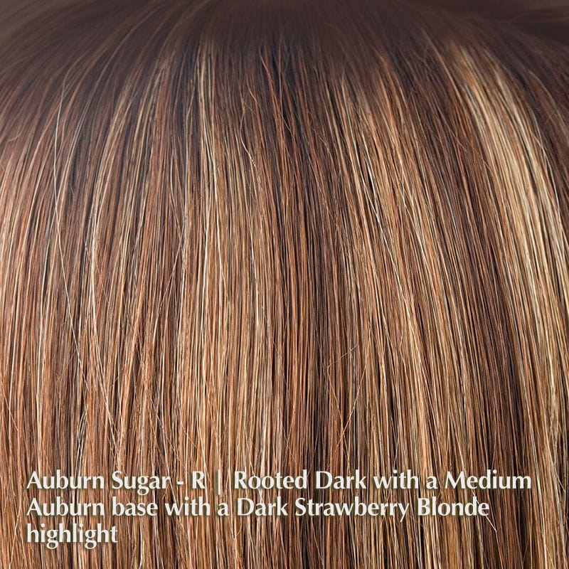 Ivy Wig by Noriko | Synthetic Wig (Basic Cap) Noriko Synthetic Auburn Sugar-R | Rooted Dark with a Medium-Auburn base with a Dark Strawberry Blonde highlight / Front: 3.5" | Crown: 2.75” | Sides: 2” | Nape: 1.5” / Average