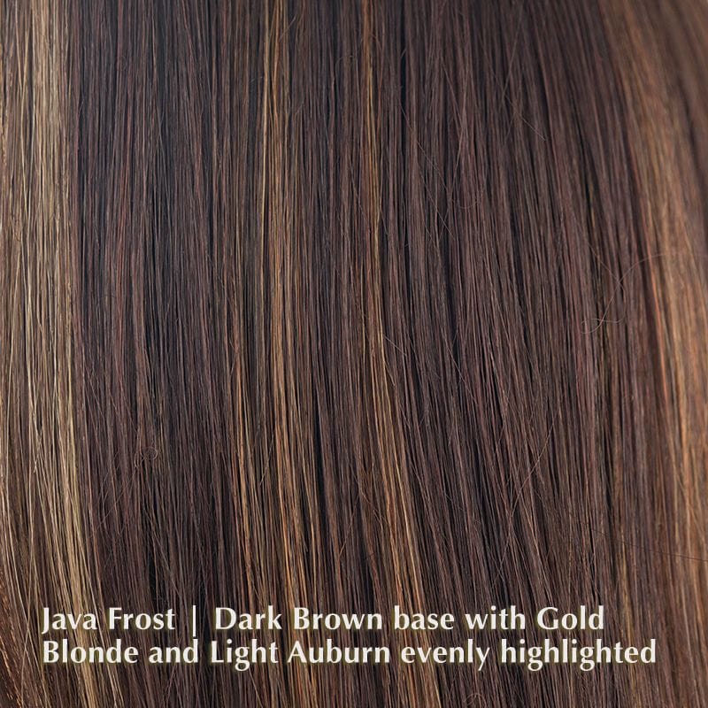 Kourtney Wig by ROP Hi Fashion | Synthetic Wig (Basic Cap) ROP Hi Fashion Wigs Java Frost | Dark Brown base with Gold Blonde and Light Auburn evenly highlighted / Front: 5.25" | Crown: 9" | Nape: 7.75" / Average
