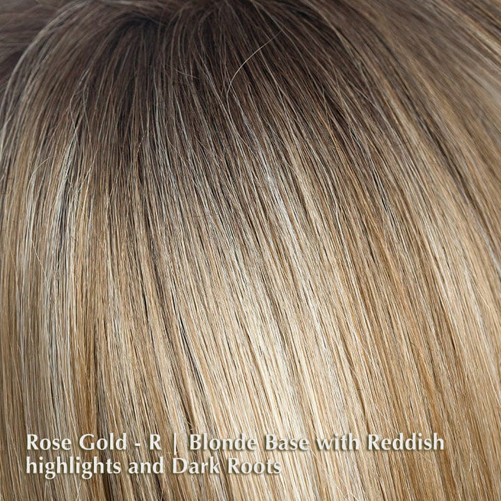 Adeline Wig by Rene of Paris | Synthetic Lace Front Wig Rene of Paris Synthetic Rose Gold-R | Blonde Base with Reddish highlights and Dark Roots / Bang: 7.5" | Crown: 11” | Nape: 4” / Average