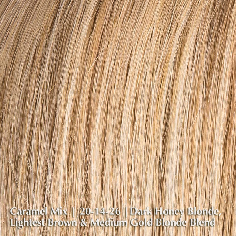 Adore Wig by Ellen Wille | Human Hair & Synthetic Blend Lace Front Wig Ellen Wille Heat Friendly | Human Hair Blend Caramel Mix | 20-14-26 | Dark Honey Blonde, Lightest Brown, and Medium Gold Blonde Blend / Front: 7" | Crown: 10.5" | Sides: 6" | Nape: 3" / Petite / Average