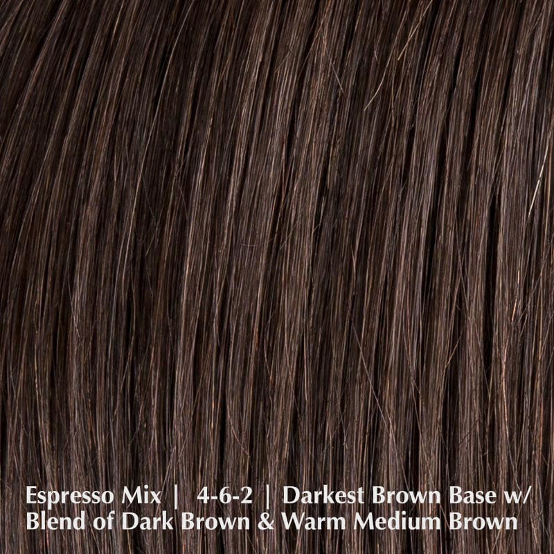 Adore Wig by Ellen Wille | Human Hair & Synthetic Blend Lace Front Wig Ellen Wille Heat Friendly | Human Hair Blend Espresso Mix | 4-6-2 | Darkest Brown base with a blend of Dark Brown and Warm Medium Brown throughout / Front: 7" | Crown: 10.5" | Sides: 6" | Nape: 3" / Petite / Average