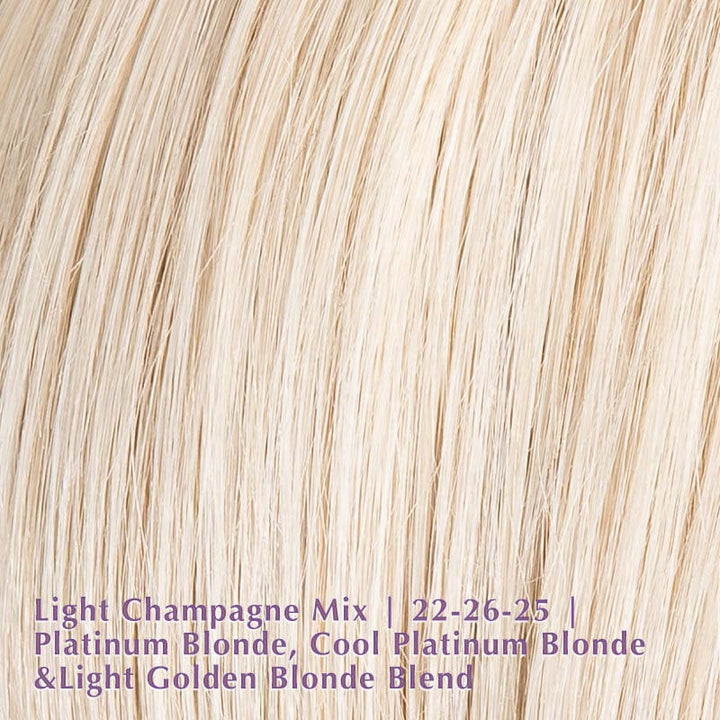 Adore Wig by Ellen Wille | Human Hair & Synthetic Blend Lace Front Wig Ellen Wille Heat Friendly | Human Hair Blend Light Champagne Mix | 22-26-25 | Platinum Blonde, Cool Platinum Blonde, and Light Golden Blonde blend / Front: 7" | Crown: 10.5" | Sides: 6" | Nape: 3" / Petite / Average