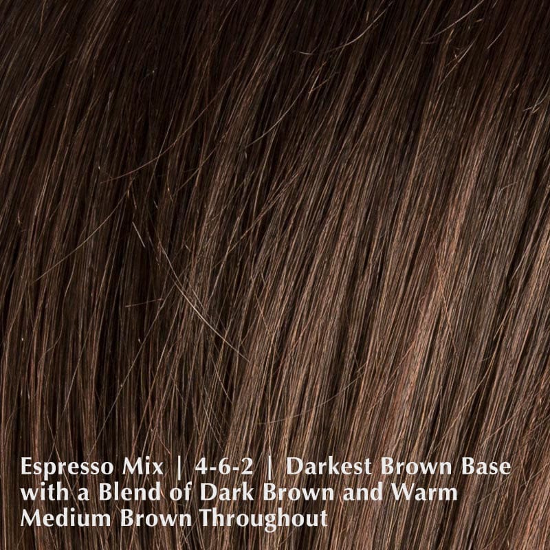 Affair Hi Wig by Ellen Wille | Heat Friendly Synthetic | Lace Front Wig (Hand-Tied) Ellen Wille Heat Friendly Synthetic Espresso Mix | 4-6-2 | Darkest Brown base with a blend of Dark Brown and Warm Medium Brown throughout / Front: 6" | Crown: 17" | Sides: 14.5" | Nape: 10" / Petite / Average