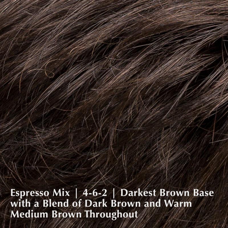 Air Wig by Ellen Wille | Synthetic Lace Front Wig (Hand-Tied) Ellen Wille Synthetic Espresso Mix | 4-6-2 | Darkest Brown base with a blend of Dark Brown and Warm Medium Brown throughout / Front: 2" | Crown: 2.5" | Sides: 2" | Nape: 1.75" / Petite / Average