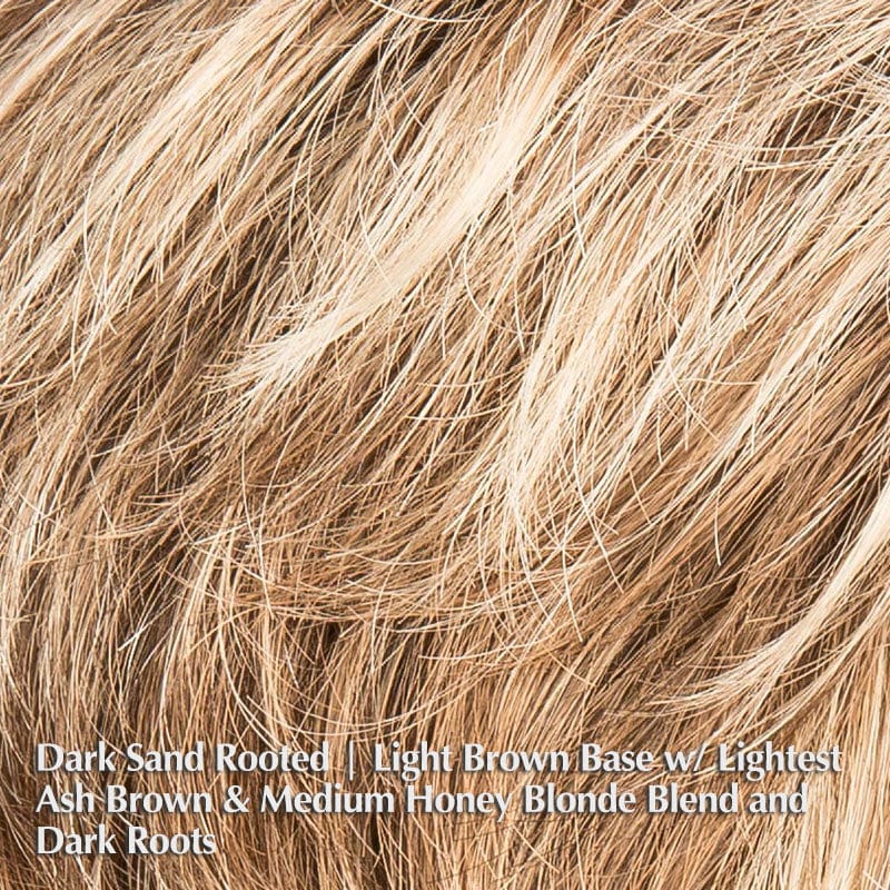 Alba Comfort Wig by Ellen Wille | Synthetic Lace Front Wig (Mono Top) Ellen Wille Synthetic Dark Sand Rooted | Light Brown base with  Lighest Ash Brown and Medium Honey Blonde blend and Dark Roots / Bang: 3.5" | Crown: 4" | Sides: 3.5" | Nape: 2.25" / Petite / Average