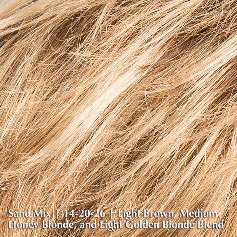 Alba Comfort Wig by Ellen Wille | Synthetic Lace Front Wig (Mono Top) Ellen Wille Synthetic Sand Mix | 14-20-26 | Light Brown, Medium Honey Blonde, and Light Golden Blonde blend / Bang: 3.5" | Crown: 4" | Sides: 3.5" | Nape: 2.25" / Petite / Average