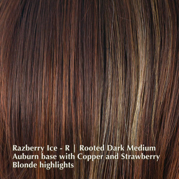 Alexi Wig by Noriko | Synthetic Lace Front Wig Noriko Synthetic Razberry Ice-R | Rooted Dark Medium Auburn base with Copper and Strawberry Blonde highlights / Bang: 3.93” | Sides: 7.87” | Crown: 10.62” | Nape: 3.93” | Back: 10.62” / Average