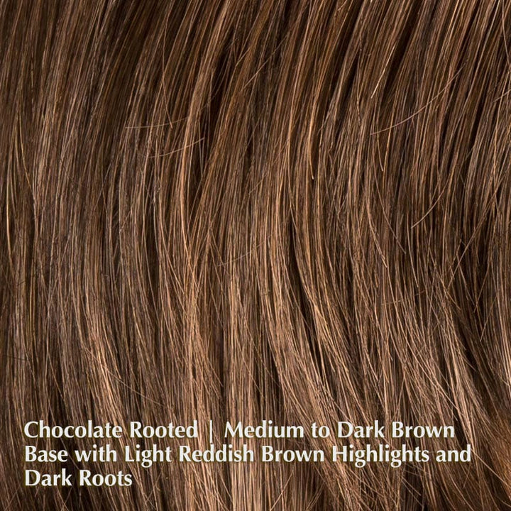Alive Wig by Ellen Wille | Synthetic Lace Front Wig Ellen Wille Synthetic Chocolate Rooted | Medium to Dark Brown base with Light Reddish Brown highlights and Dark Roots / Front: 4.5" | Crown: 9” | Sides: 9” | Nape: 9” / Petite / Average