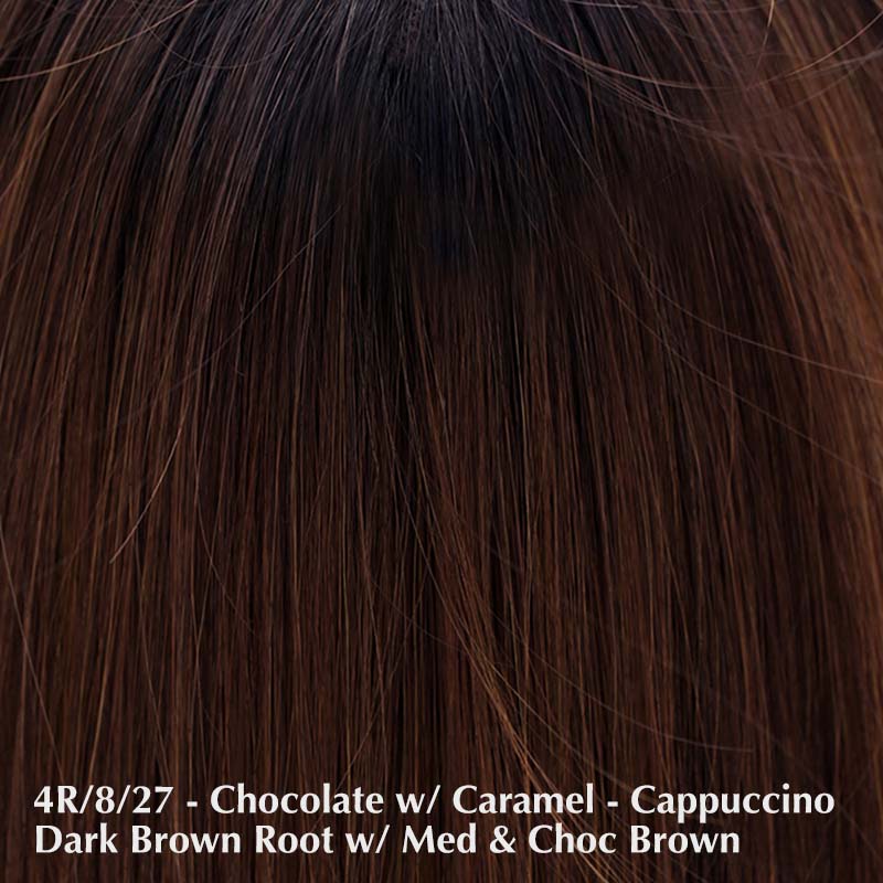 Amaretto Wig by Belle Tress | Heat Friendly | Synthetic Lace Front Wig (Mono Part) Belle Tress Heat Friendly Synthetic Chocoloate with Caramel |4R/8/27| Cappuccino dark brown root with a blend of medium and chocolate brown. / Side Bangs: 9" | Side 11" | Nape: 5.5" | Back: 12.5" | Overall: 5.5" - 12.5" / Average