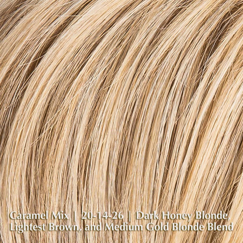 Amaze Wig by Ellen Wille | Human Hair & Synthetic Blend Lace Front Wig (Mono Top) Ellen Wille Heat Friendly | Human Hair Blend Caramel Mix | 20-14-26 | Dark Honey Blonde, Lightest Brown, and Medium Gold Blonde Blend / Front: 8" | Crown: 4" | Sides: 3.25" | Nape: 2” / Petite / Average