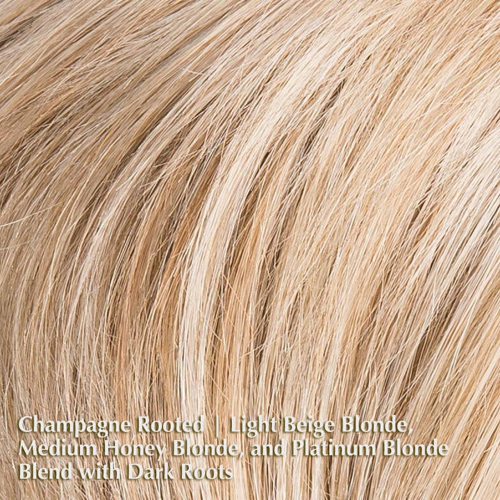 Amaze Wig by Ellen Wille | Human Hair & Synthetic Blend Lace Front Wig (Mono Top) Ellen Wille Heat Friendly | Human Hair Blend Champagne Rooted | Light Beige Blonde,  Medium Honey Blonde, and Platinum Blonde blend with Dark Roots / Front: 8" | Crown: 4" | Sides: 3.25" | Nape: 2” / Petite / Average
