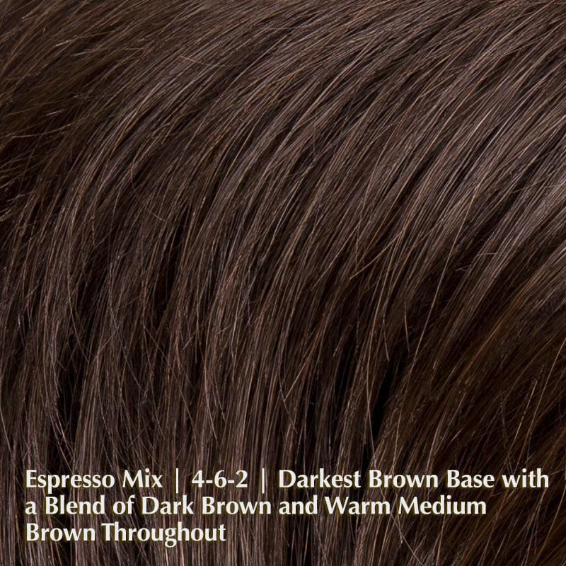 Amaze Wig by Ellen Wille | Human Hair & Synthetic Blend Lace Front Wig (Mono Top) Ellen Wille Heat Friendly | Human Hair Blend Espresso Mix | 4-6-2 | Darkest Brown base with a blend of Dark Brown and Warm Medium Brown throughout / Front: 8" | Crown: 4" | Sides: 3.25" | Nape: 2” / Petite / Average