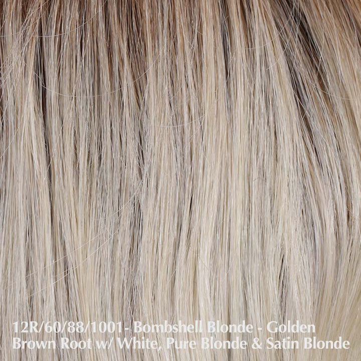 Americana Wig by Belle Tress | Heat Friendly | Synthetic Lace Front Wig (Mono Top) Belle Tress Heat Friendly Synthetic Bombshell Blonde | 12R/60/88/1001 | Golden brown root with a blend of white, pure blonde and satin blonde / Side Bangs: 8.5" | Side 11.5" | Nape: 9" | Back: 16" | Overall: 11.5 - 16" / Average