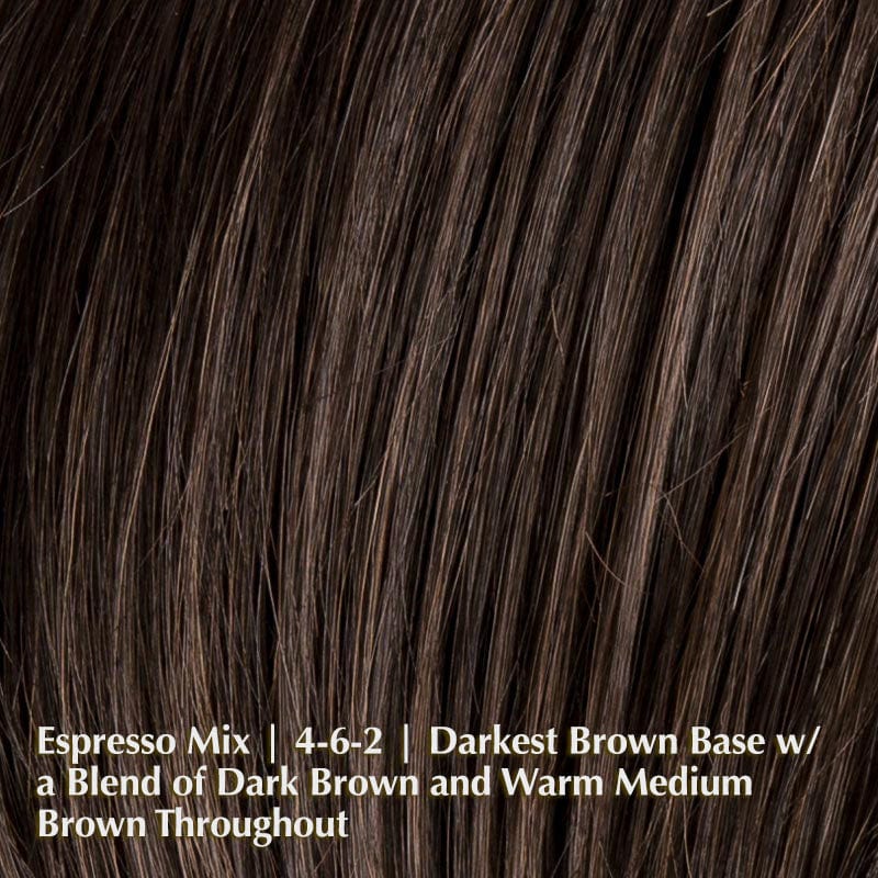 Amy Deluxe Wig by Ellen Wille | Synthetic Lace Front Wig Ellen Wille Synthetic Espresso Mix | 4-6-2 | Darkest Brown base with a blend of Dark Brown and Warm Medium Brown throughout / Front: 5 " | Crown: 8" | Sides: 6 " | Nape: 2" / Petite / Average