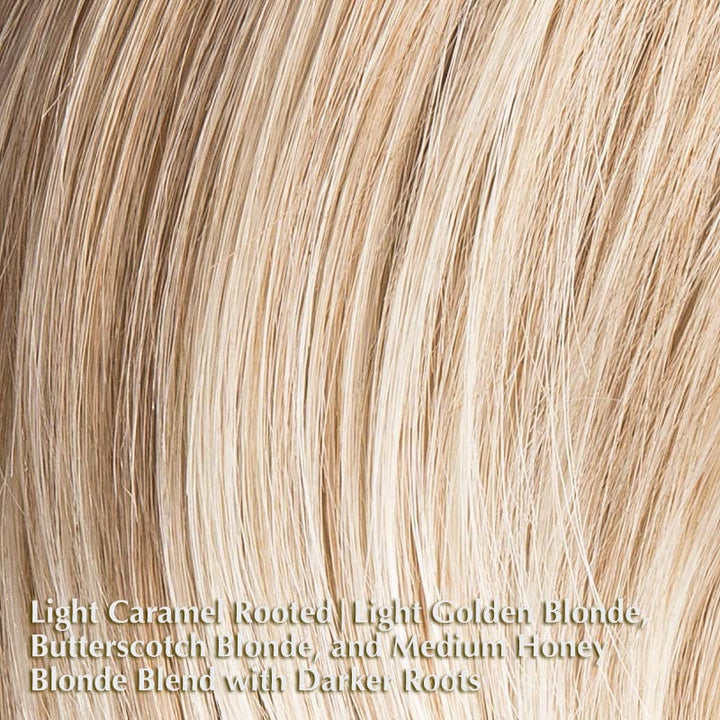 Amy Deluxe Wig by Ellen Wille | Synthetic Lace Front Wig Ellen Wille Synthetic Light Caramel Rooted | Light Golden Blonde, Butterscotch Blonde, and Medium Honey Blonde blend with Darker roots / Front: 5 " | Crown: 8" | Sides: 6 " | Nape: 2" / Petite / Average