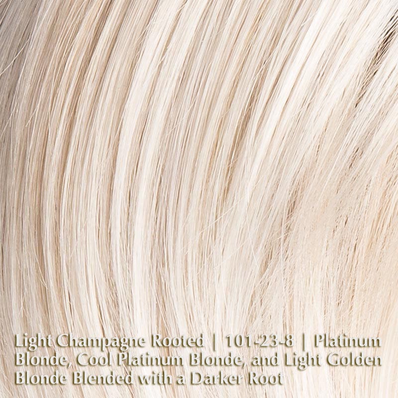 Amy Deluxe Wig by Ellen Wille | Synthetic Lace Front Wig Ellen Wille Synthetic Light Champagne Rooted | 101-23-8 | Platinum Blonde, Cool Platinum Blonde, and Light Golden Blonde blended with a Darker Root / Front: 5 " | Crown: 8" | Sides: 6 " | Nape: 2" / Petite / Average