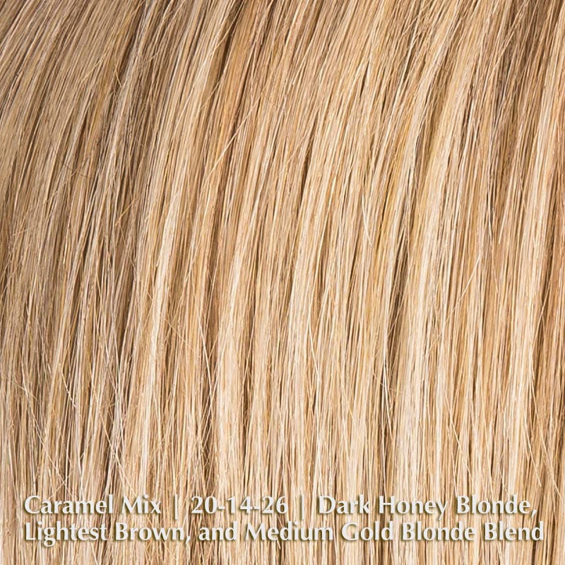 Amy Small Deluxe Wig by Ellen Wille | Synthetic Lace Front Wig Ellen Wille Synthetic Caramel Mix | 20-14-26 | Dark Honey Blonde, Lightest Brown, and Medium Gold Blonde Blend / Front: 5 " | Crown: 8" | Sides: 6 " | Nape: 2" / Petite