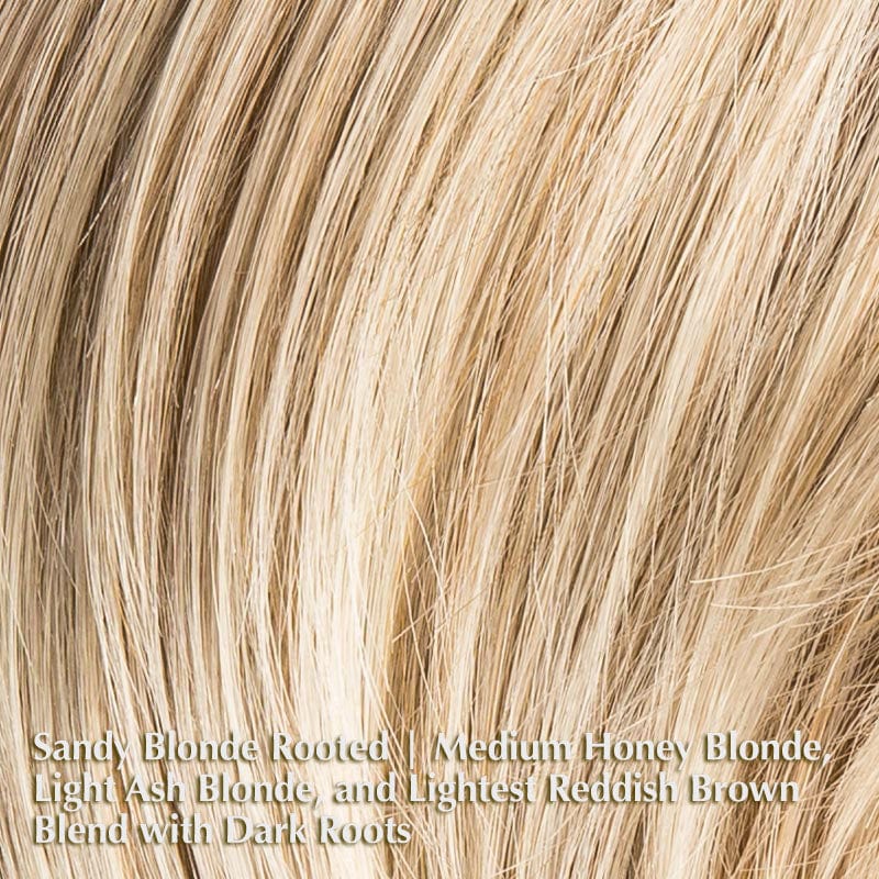 Amy Small Deluxe Wig by Ellen Wille | Synthetic Lace Front Wig Ellen Wille Synthetic Sandy Blonde Rooted | Medium Honey Blonde, Light Ash Blonde, and Lightest Reddish Brown blend with Dark Roots / Front: 5 " | Crown: 8" | Sides: 6 " | Nape: 2" / Petite