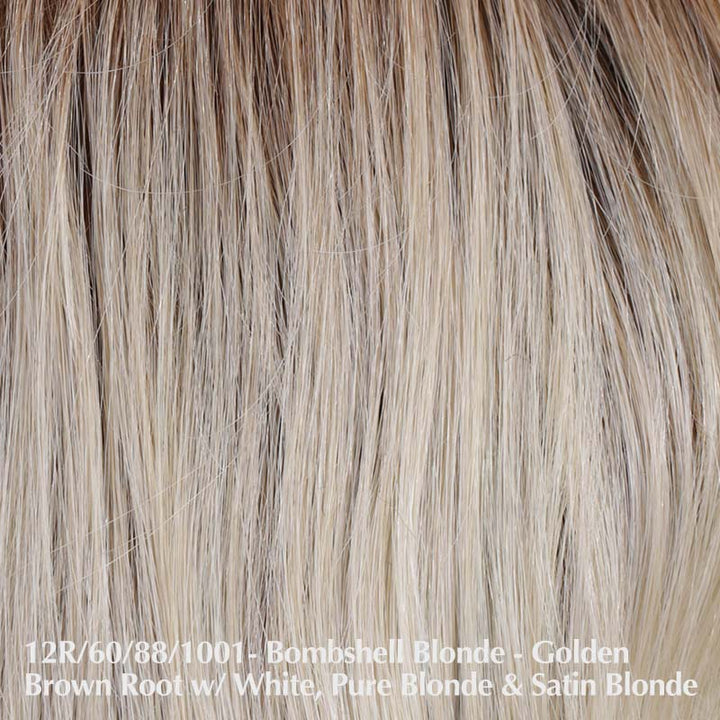 Anatolia Wig by Belle Tress | Heat Friendly | Synthetic Lace Front Wig (Center Mono Part) Belle Tress Heat Friendly Synthetic Bombshell Blonde | 12R/60/88/1001 | Golden brown root with a blend of white, pure blonde and satin blonde / Side Bangs: 9 - 13.5" | Nape: 3.5" | Back: 11" | Overall: 3.5 - 13.5" / Average