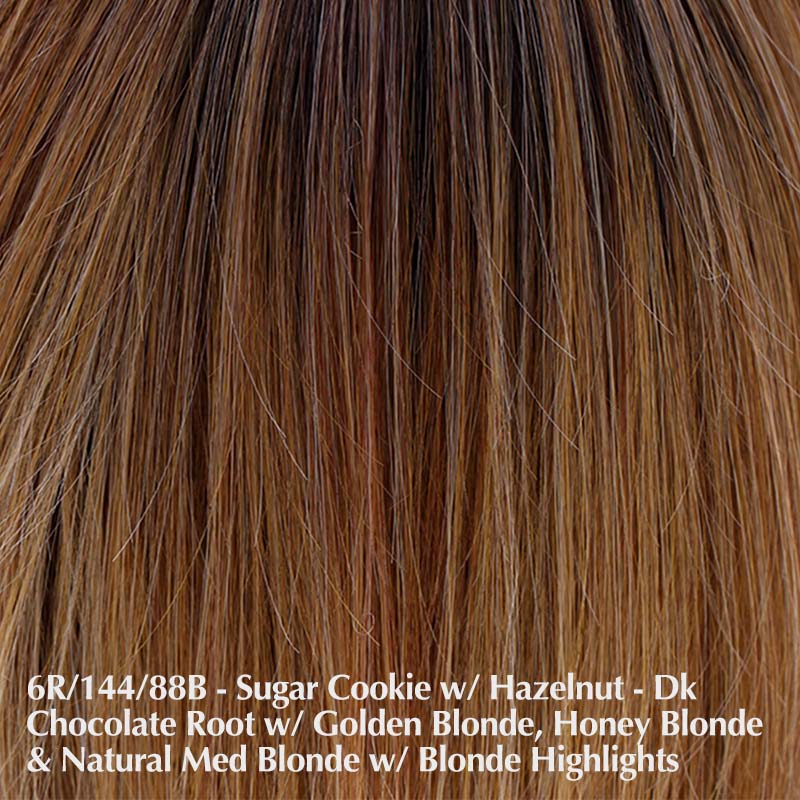 Anatolia Wig by Belle Tress | Heat Friendly | Synthetic Lace Front Wig (Center Mono Part) Belle Tress Heat Friendly Synthetic Sugar Cookie with Hazelnut | 6R/144/88B | Rich dark chocolate root with a blend of golden blonde, honey blonde, natural medium blonde, and pure blonde highlights / Side Bangs: 9 - 13.5" | Nape: 3.5" | Back: 11" | Overall: 3.5 - 13.5" / Average