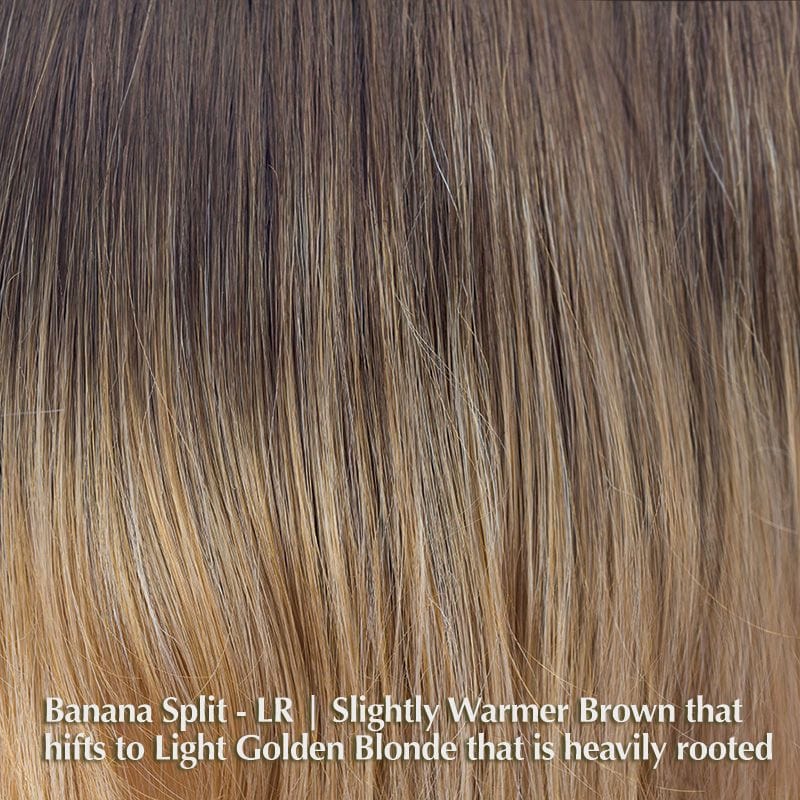 Angelica Wig by Noriko | Synthetic Wig (Basic Cap) Noriko Synthetic Banana Split-LR | Slightly Warmer Brown that shifts to Light Golden Blonde that is heavily rooted / Front: 8" | Crown: 16.2" | Nape: 16" / Average