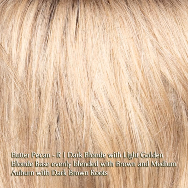 Angelica Wig by Noriko | Synthetic Wig (Basic Cap) Noriko Synthetic Butter Pecan-R | Dark Blonde with Light Golden Blonde Base evenly blended with Brown and Medium Auburn with Dark Brown Roots / Front: 8" | Crown: 16.2" | Nape: 16" / Average