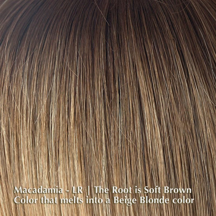 Angie Wig by Rene of Paris | Synthetic Wig (Basic Cap) Rene of Paris Synthetic Macadamia-LR | The Root is Soft Brown Color that melts into a Beige Blonde color / Fringe: 3.9” | Crown: 7.08” | Nape: 1.6” / Average