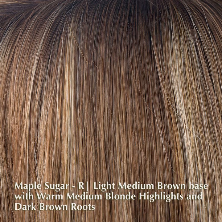 Angie Wig by Rene of Paris | Synthetic Wig (Basic Cap) Rene of Paris Synthetic Maple Sugar-R | Light Medium Brown base with Warm Medium Blonde Highlights and Dark Brown Roots / Fringe: 3.9” | Crown: 7.08” | Nape: 1.6” / Average