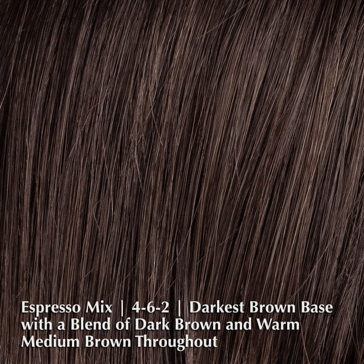 Area Wig by Ellen Wille | Synthetic Wig (Mono Crown) Ellen Wille Synthetic Espresso Mix | 4-6-2 | Darkest Brown base with a blend of Dark Brown and Warm Medium Brown throughout / Front: 7.5” | Crown: 10” | Sides: 6.5” | Nape: 5” / Petite / Average