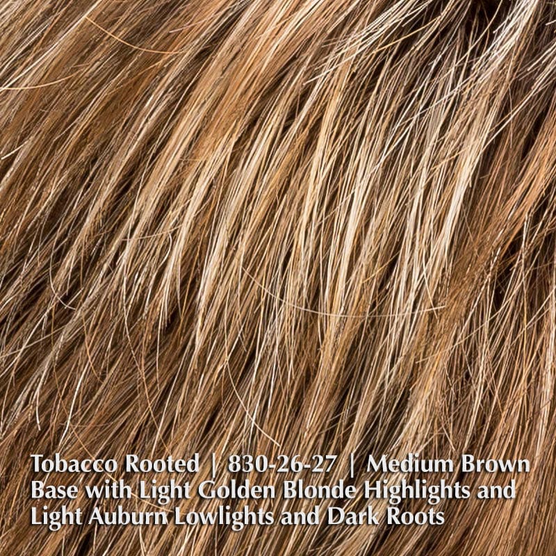 Aura Wig by Ellen Wille | Synthetic Lace Front Wig (Mono-Top) Ellen Wille Synthetic Tobacco Rooted | 830-26-27 | Medium Brown base with Light Golden Blonde highlights and Light Auburn lowlights and Dark Roots / Front: 3.25" | Crown: 3" | Sides: 2.25" | Nape: 2" / Petite / Average