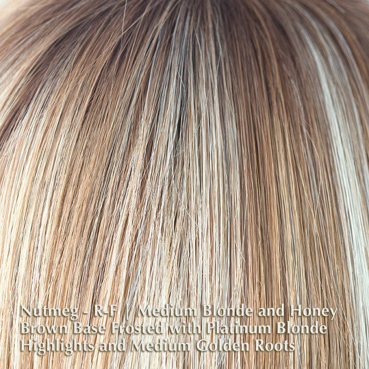 Avery Wig by Noriko | Synthetic Wig (Basic Cap) Noriko Synthetic Nutmeg-R | Medium Blonde and Honey Brown Base Frosted with Platinum Blonde Highlights and Medium Golden Roots / Front: 4.25" / Average