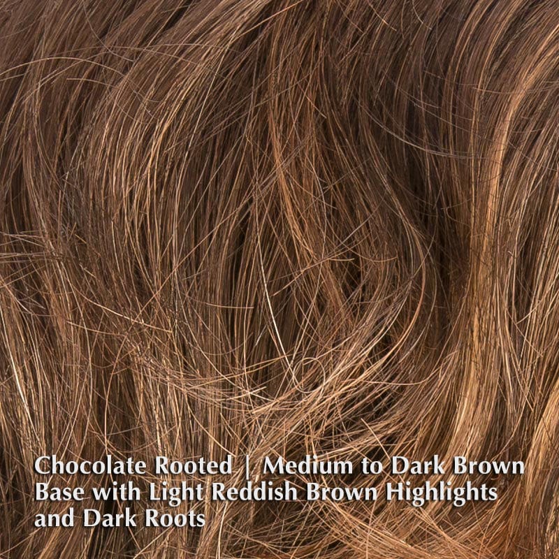Beach Mono Wig by Ellen Wille | Synthetic Lace Front Wig (Mono Part) Ellen Wille Synthetic Chocolate Rooted | Medium to Dark Brown base with Light Reddish Brown highlights and Dark Roots / Bang: 6" | Crown: 9" | Sides: 7" | Nape: 7" / Petite / Average