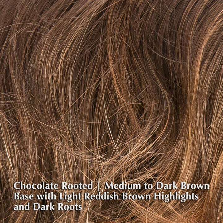 Beach Mono Wig by Ellen Wille | Synthetic Lace Front Wig (Mono Part) Ellen Wille Synthetic Chocolate Rooted | Medium to Dark Brown base with Light Reddish Brown highlights and Dark Roots / Bang: 6" | Crown: 9" | Sides: 7" | Nape: 7" / Petite / Average