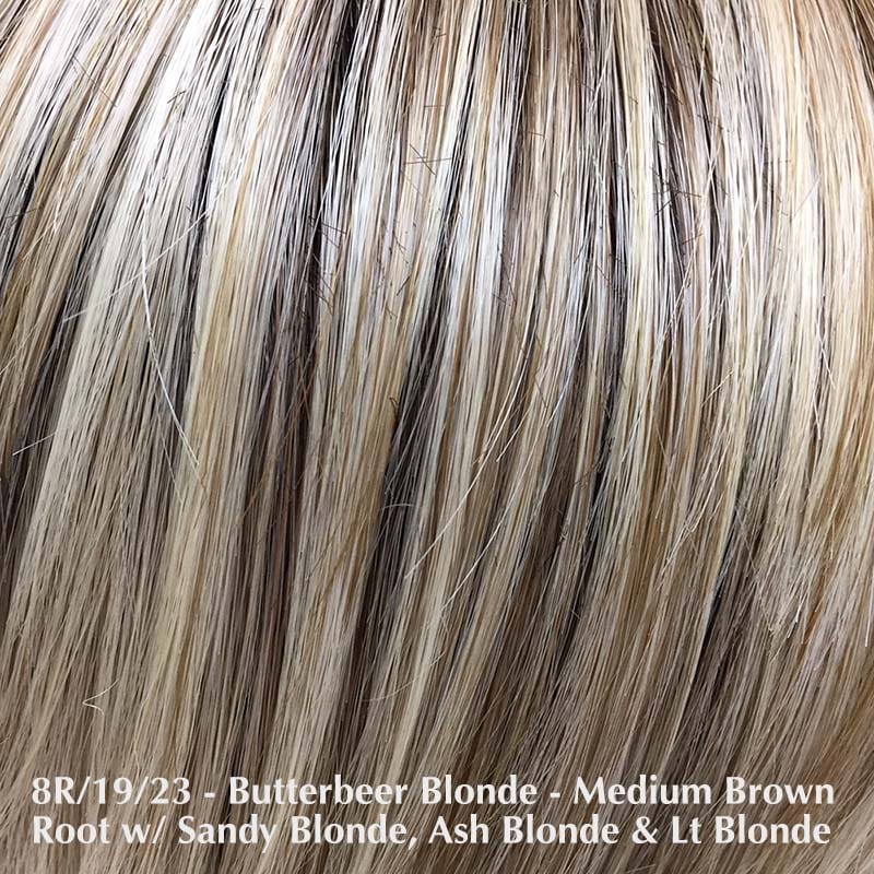 Bespoke Wig By Belle Tress | Synthetic Heat Friendly Wig | Creative Lace Front Belle Tress Heat Friendly Synthetic Butterbeer Blonde | 8R/19/23 | Medium brown root with a blend of sandy blonde, ash blonde and light blonde / Bang: n/a | Side: 8" - 14" | Nape: 13" - 13.5" | Back: 13" - 21" | Overall: 8" - 21" / Average