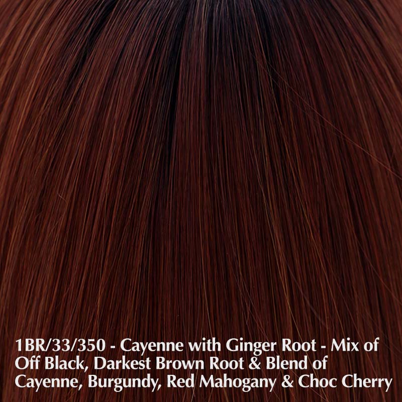 Bespoke Wig By Belle Tress | Synthetic Heat Friendly Wig | Creative Lace Front Belle Tress Heat Friendly Synthetic Cayenne with Ginger Root | 1BR/33/350 | Mixture of off black and darkest brown root with a blend of cayenne, burgundy, red mahogany, and chocolate cherry / Bang: n/a | Side: 8" - 14" | Nape: 13" - 13.5" | Back: 13" - 21" | Overall: 8" - 21" / Average