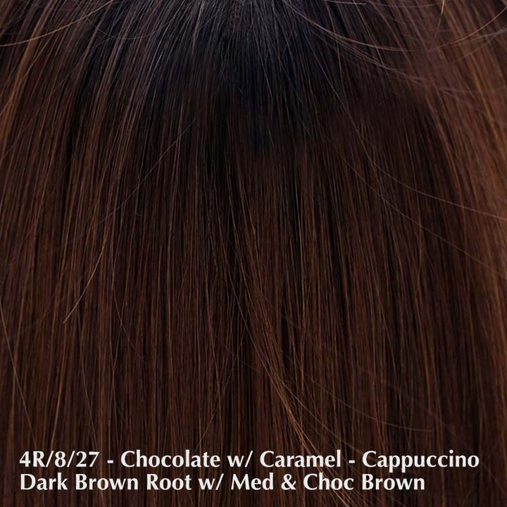 Bespoke Wig By Belle Tress | Synthetic Heat Friendly Wig | Creative Lace Front Belle Tress Heat Friendly Synthetic Chocoloate with Caramel 4R/8/27 | Cappuccino dark brown root with a blend of medium and chocolate brown / Bang: n/a | Side: 8" - 14" | Nape: 13" - 13.5" | Back: 13" - 21" | Overall: 8" - 21" / Average