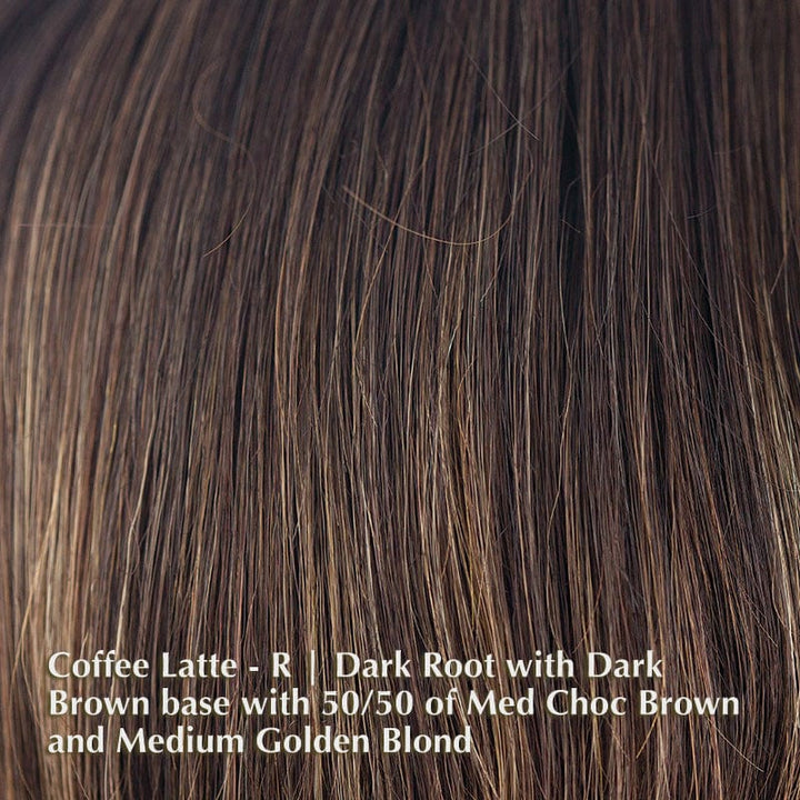 Billie Wig by Noriko | Synthetic Wig (Basic Cap) Noriko Synthetic Coffee Latte-R | Dark Root with Dark Brown base with 50/50 of Med Choc Brown and Medium Golden Blonde / Bangs: 3.5" | Crown: 3.5" | Nape: 1.4" / Average