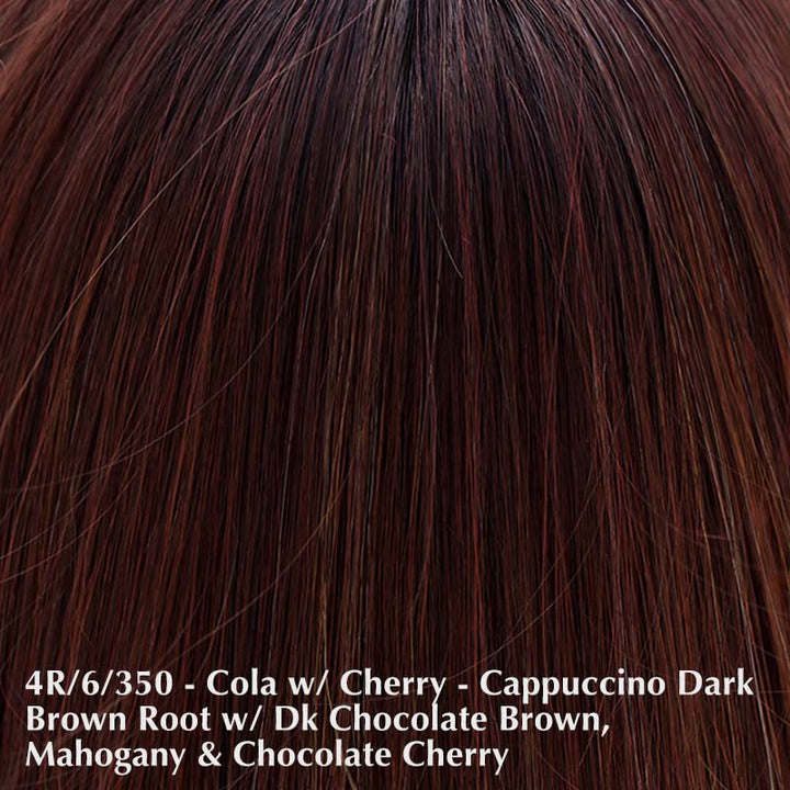 Bon Bon Wig by Belle Tress | Heat Friendly | Synthetic Lace Front Wig (Mono Part) Belle Tress Heat Friendly Synthetic Cola with Cherry | 4R/6/350 | Cappuccino dark brown root with a blend of dark chocolate brown, mahogany and chocolate cherry / Side Bangs 6" | Nape 4" | Back 10.5" / Average