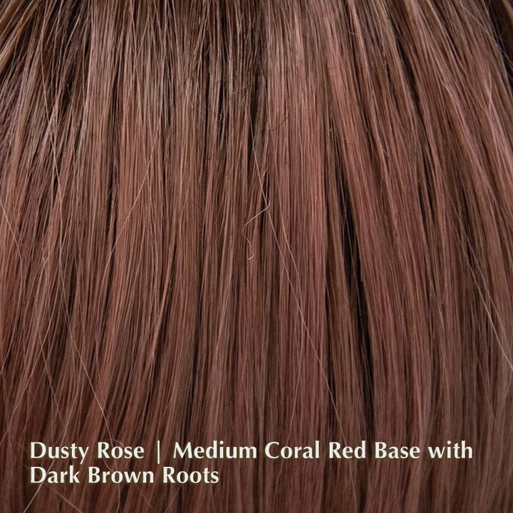 Breezy Wavez Wig by Rene of Paris | Heat Friendly Synthetic Wig Rene of Paris Heat Friendly Synthetic Dusty Rose | Medium Coral Red base with Dark Brown Roots / Fringe: 4” | Crown: 9” | Nape: 6.5” / Average