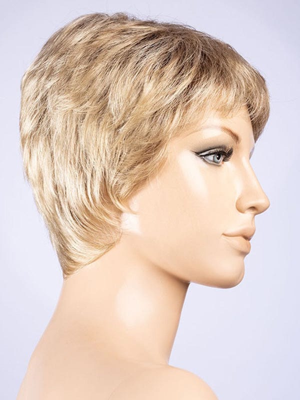 Call Wig by Ellen Wille | Synthetic Lace Front Wig (Mono Top) Ellen Wille Synthetic Champagne Rooted | Light Beige Blonde Med Honey Blonde and Platinum Blonde Blend w/ Dk Roots / Front: 2" | Crown: 3.5" | Sides: 2.5" | Nape: 2.5" / Petite / Average