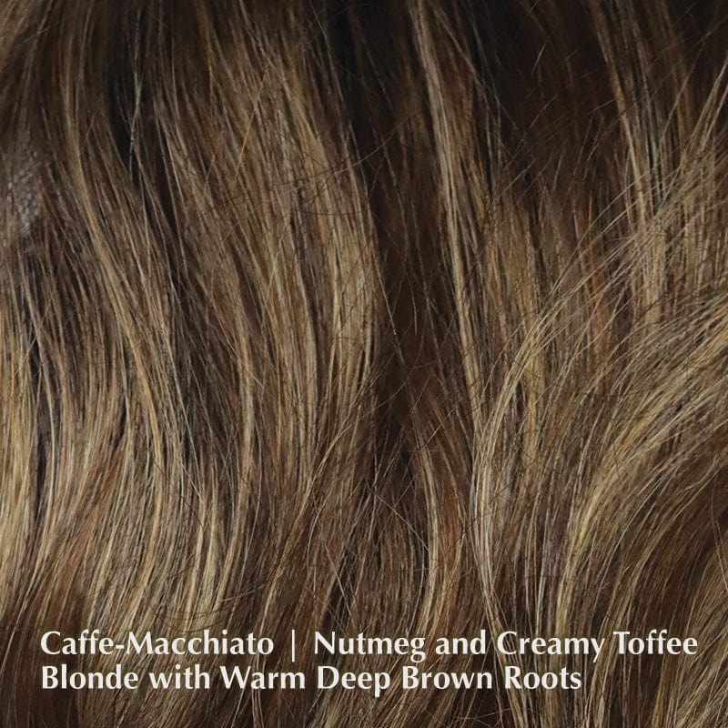 Carter Wig by Rene of Paris | Synthetic Lace Front Wig Rene of Paris Synthetic Caffe Macchiato | Nutmeg and Creamy Toffee Blonde with Warm Deep Brown Roots / Fringe: 4.75" | Crown: 5” | Nape: 1.75” / Average