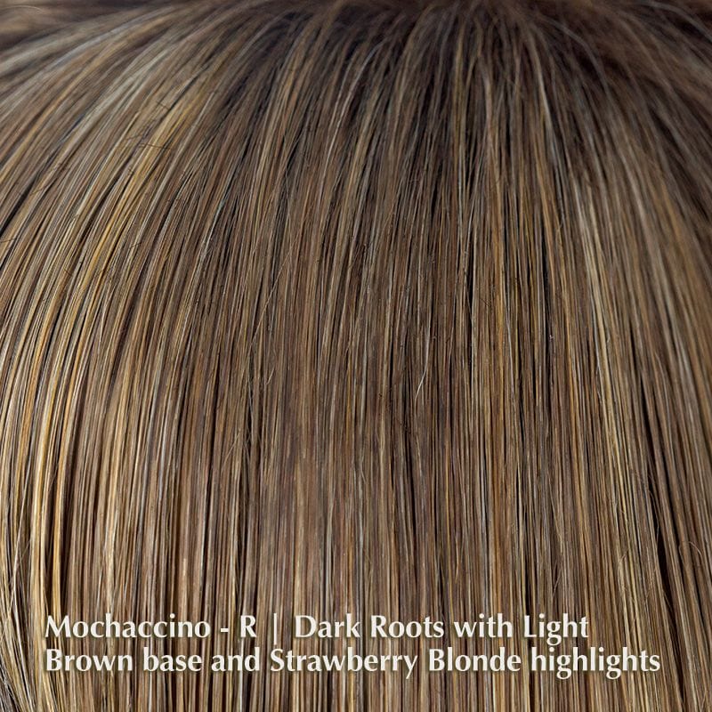 Casey Wig by Amore | Synthetic Wig (Mono Top) Amore Synthetic Mochaccino-R | Dark Roots with Light Brown base and Strawberry Blonde highlights / Fringe: 4.7-7" | Crown: 4.7-5.1” | Nape: 2.6” / Average
