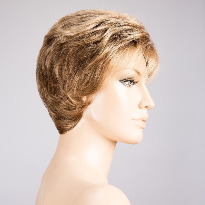 Charme Wig by Ellen Wille | Synthetic Lace Front Wig (Hand-Tied) Ellen Wille Heat Friendly Synthetic Tobacco Rooted | Medium Brown base w/ Light Golden Blonde highlights & Light Auburn lowlights & Dark Roots / Front: 3.75" | Crown: 4" | Sides: 2.75" | Nape: 2.5" / Petite / Average